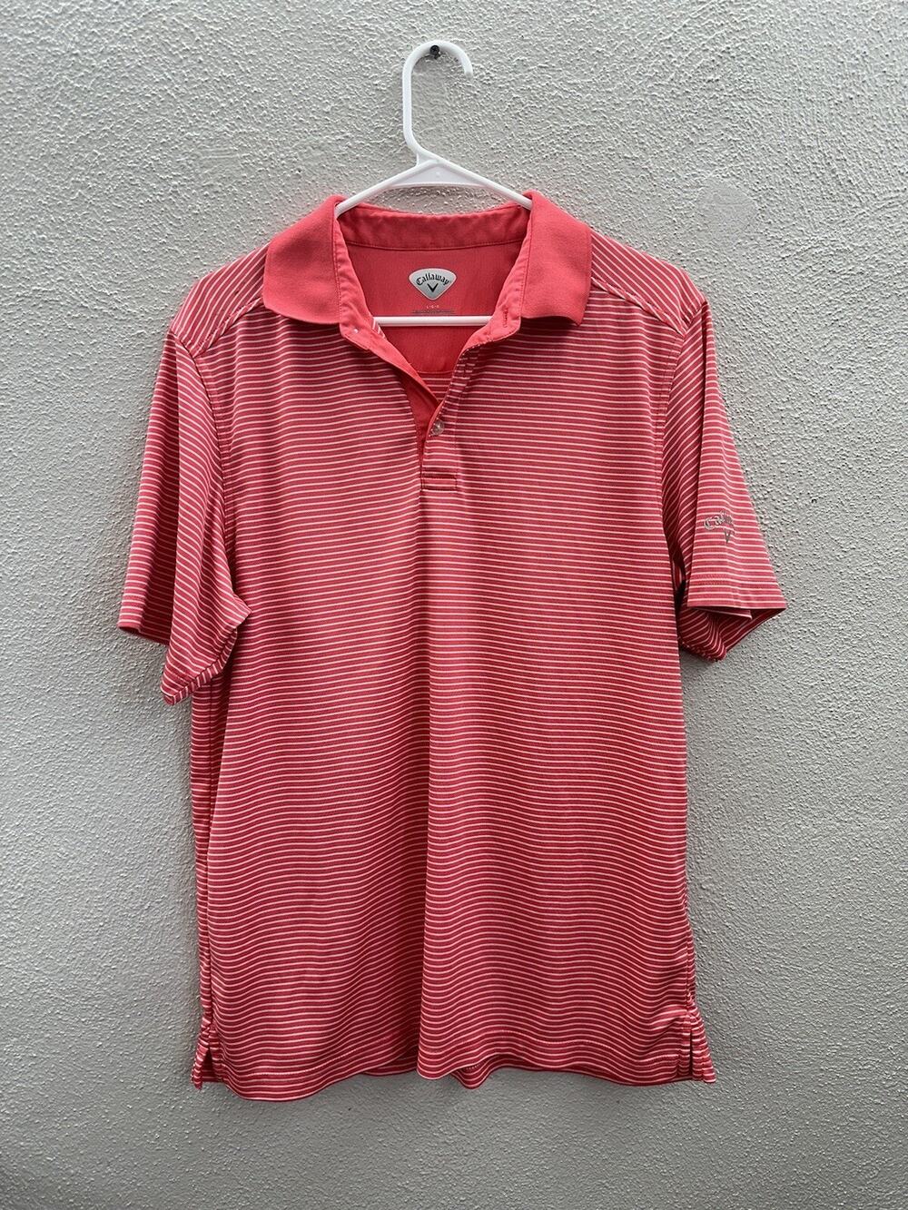 Callaway Mens Polo Shirt Size Large Orange/Pink Striped Short Sleeve Golf
